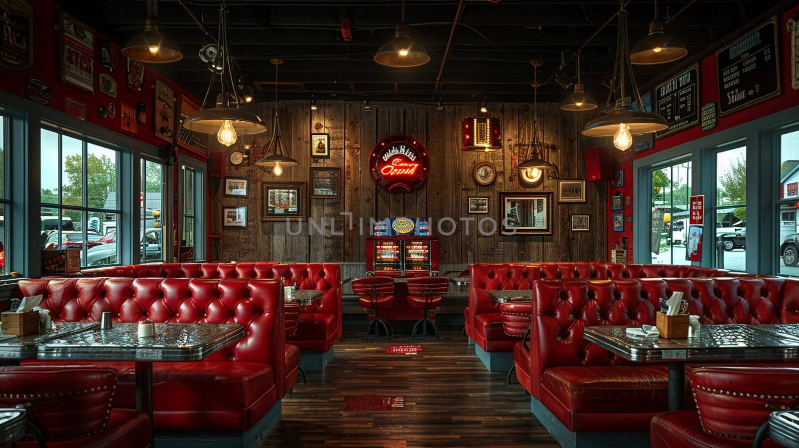Classic American diner with red leather booths and a jukebox by Benzoix