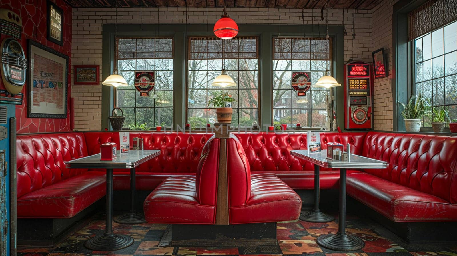 Classic American diner with red leather booths and a jukebox