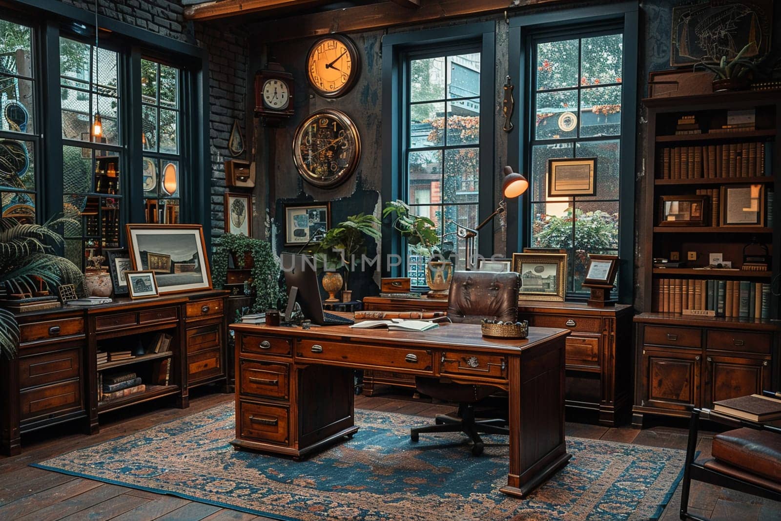 Classic film noir-inspired office with vintage props and moody lighting
