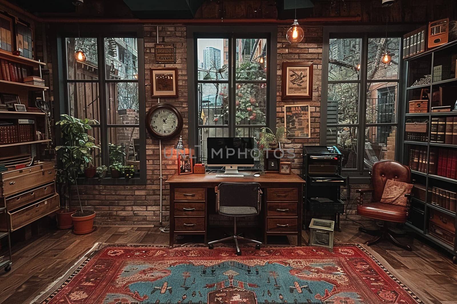 Classic film noir-inspired office with vintage props and moody lighting by Benzoix