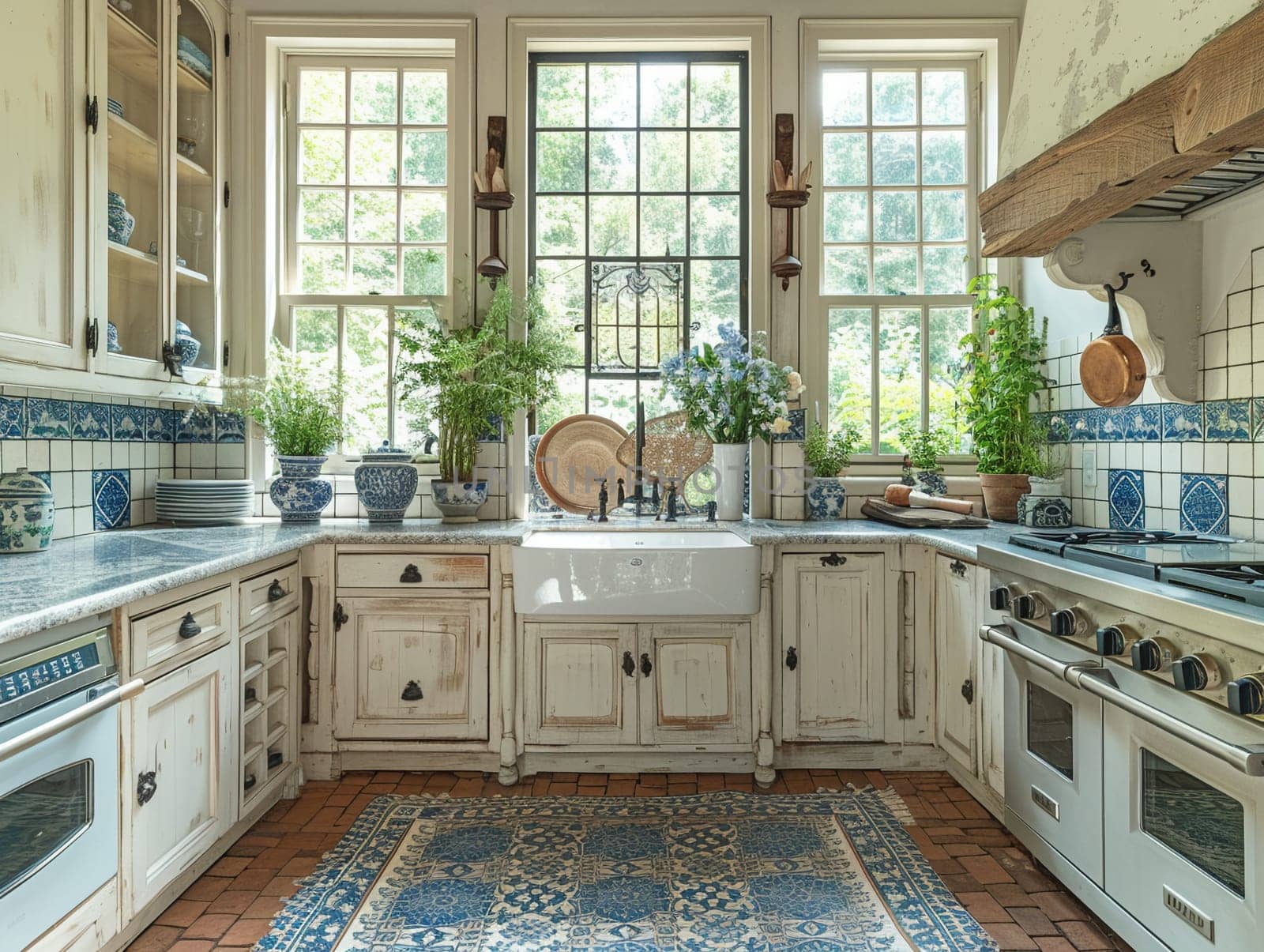 Classic French country kitchen with blue and white porcelain and farmhouse sink
