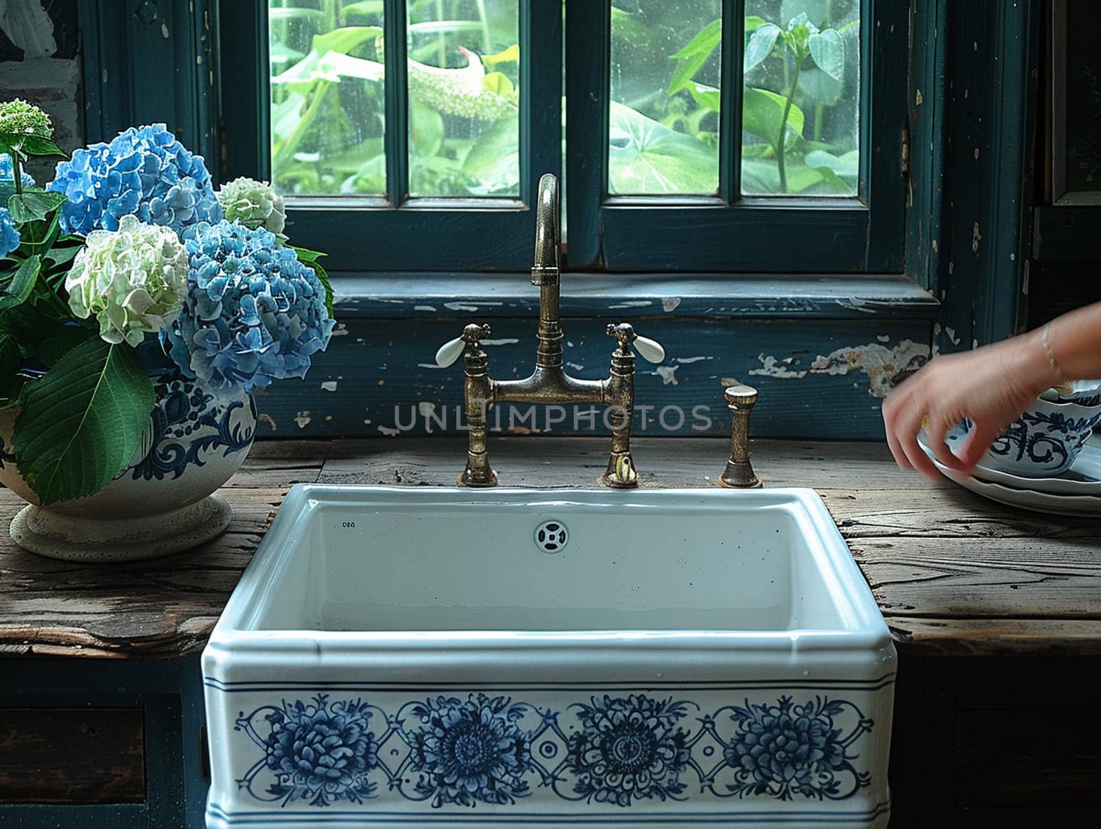Classic French country kitchen with blue and white porcelain and farmhouse sink