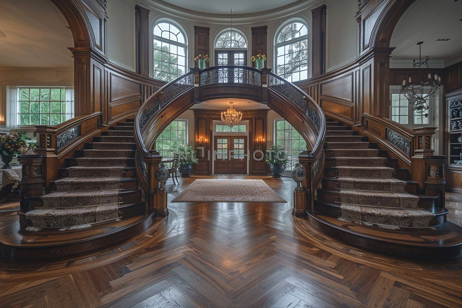 Classic Georgian-style foyer with a grand staircase and detailed moldings by Benzoix