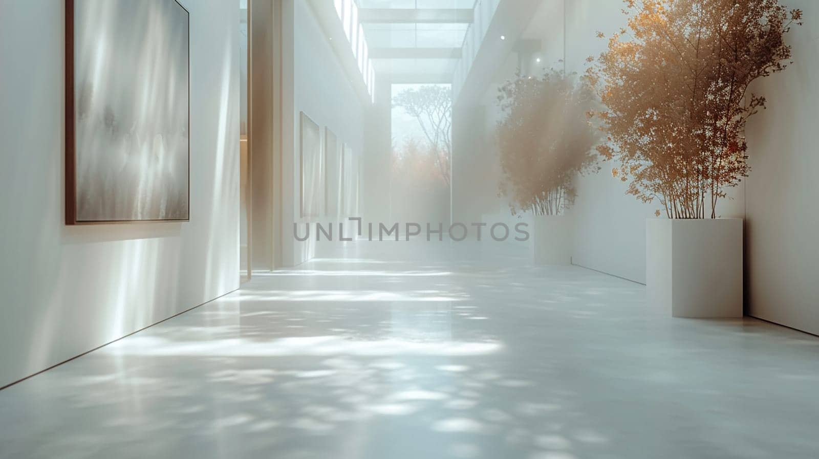 Contemporary art gallery interior with white walls and spotlighting by Benzoix
