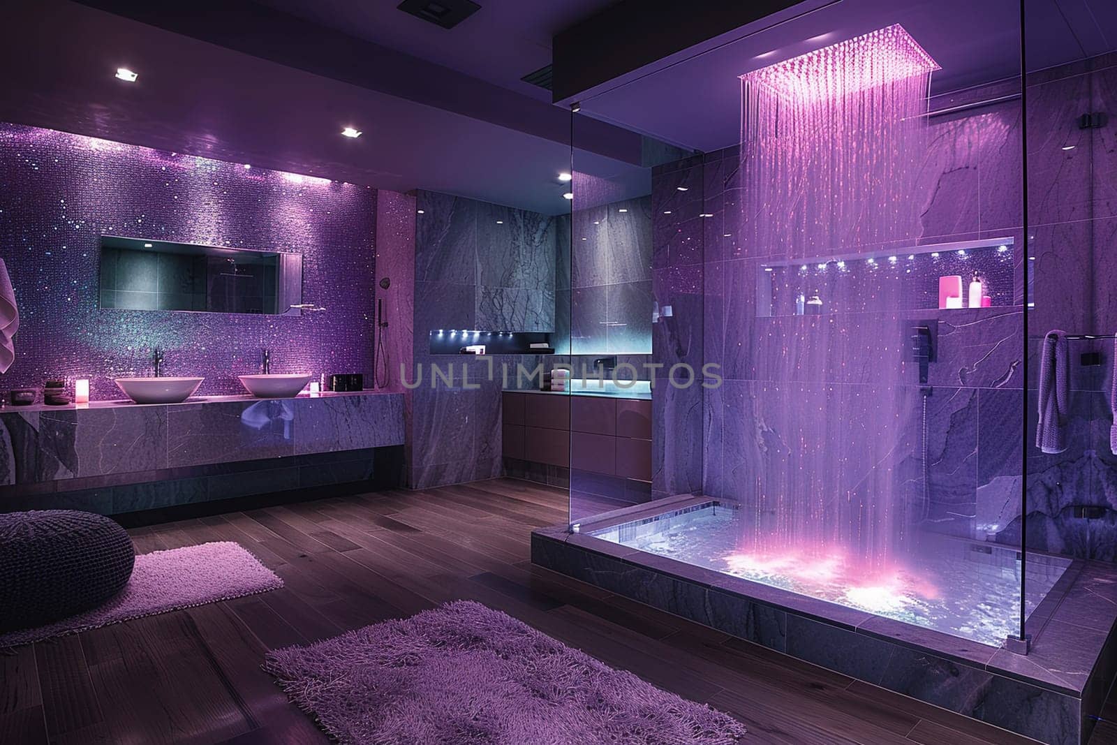 Contemporary bathroom with a glass-enclosed waterfall shower and ambient lighting