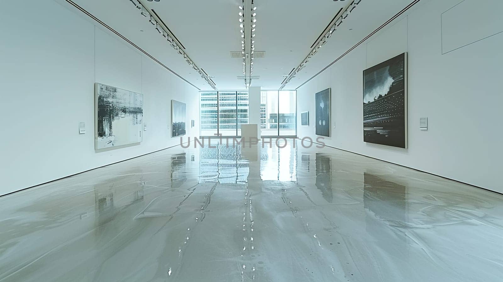 Contemporary art gallery interior with white walls and spotlighting