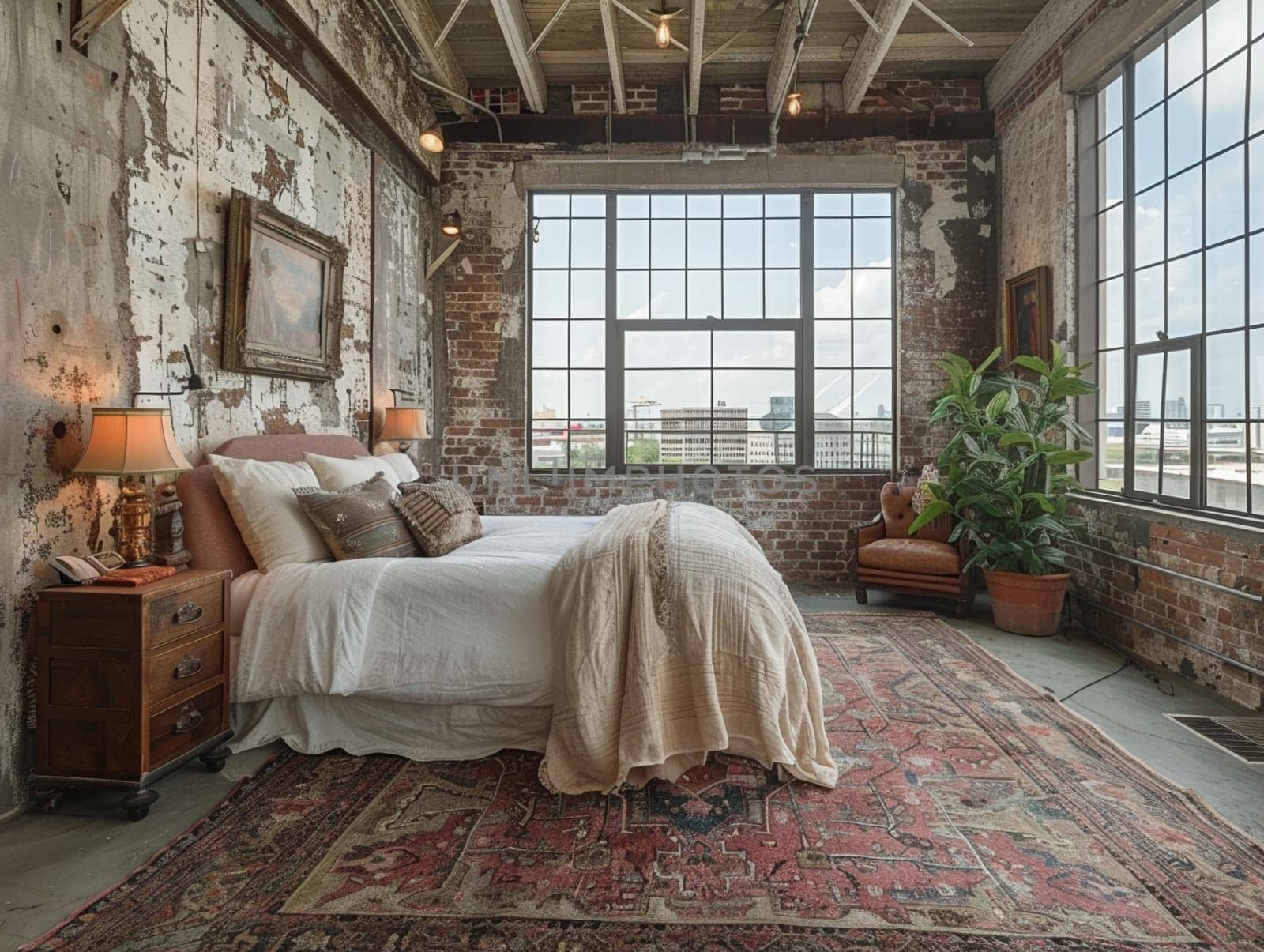 Contemporary loft bedroom with industrial accents and soft textiles by Benzoix
