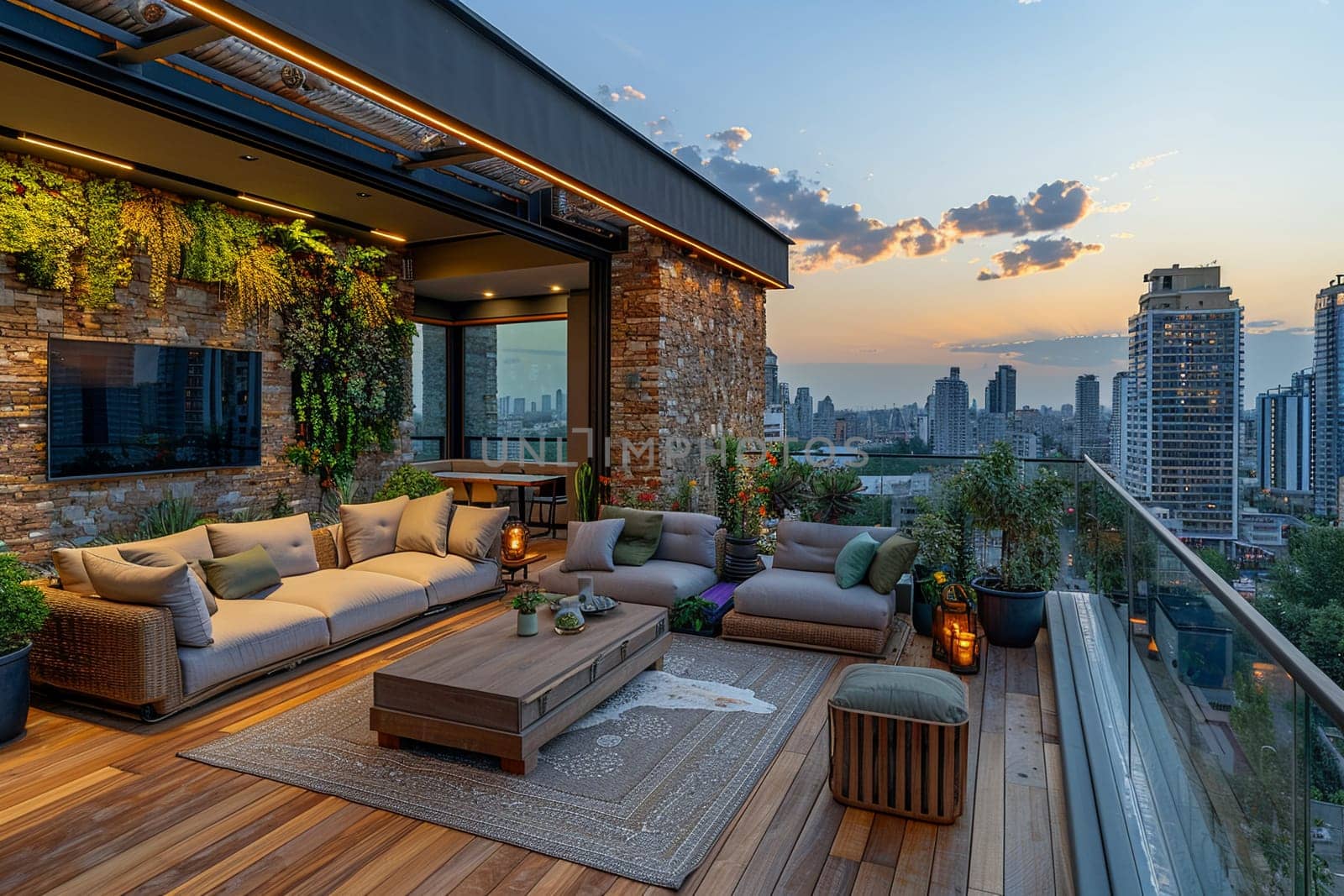 Contemporary rooftop terrace with comfortable lounging areas and city views by Benzoix
