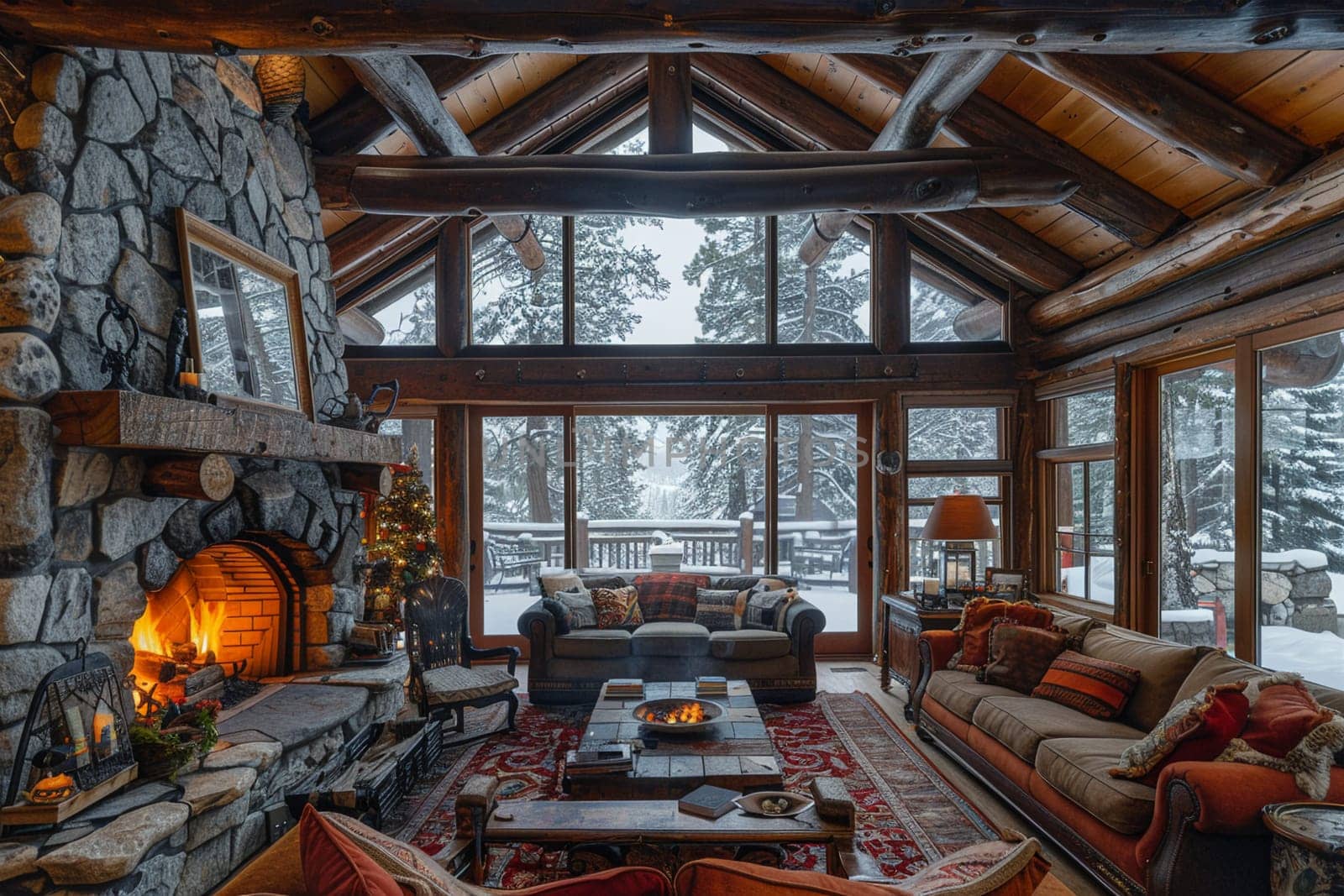 Cozy mountain cabin living room with a stone fireplace and wooden beams by Benzoix
