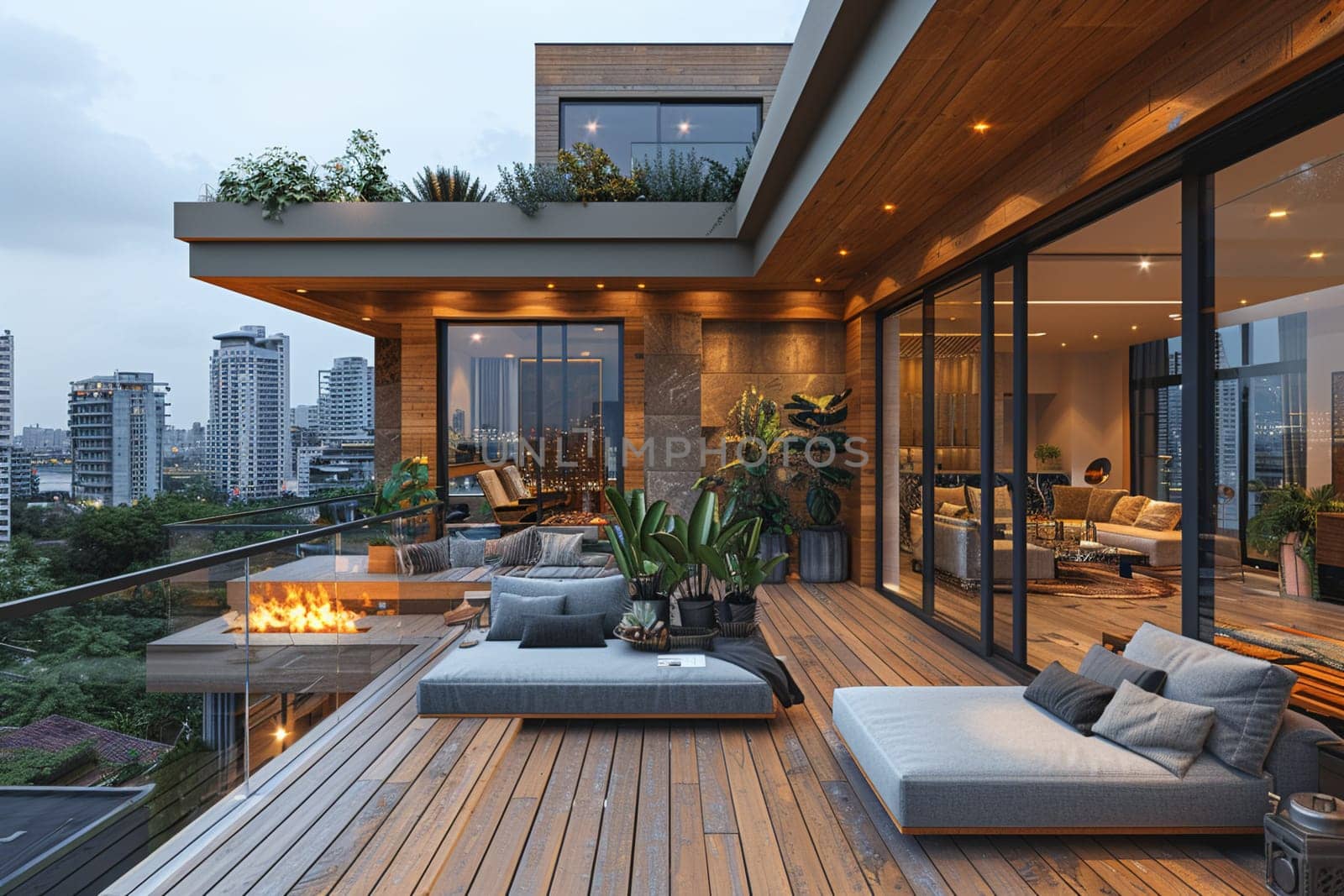 Contemporary rooftop terrace with comfortable lounging areas and city views