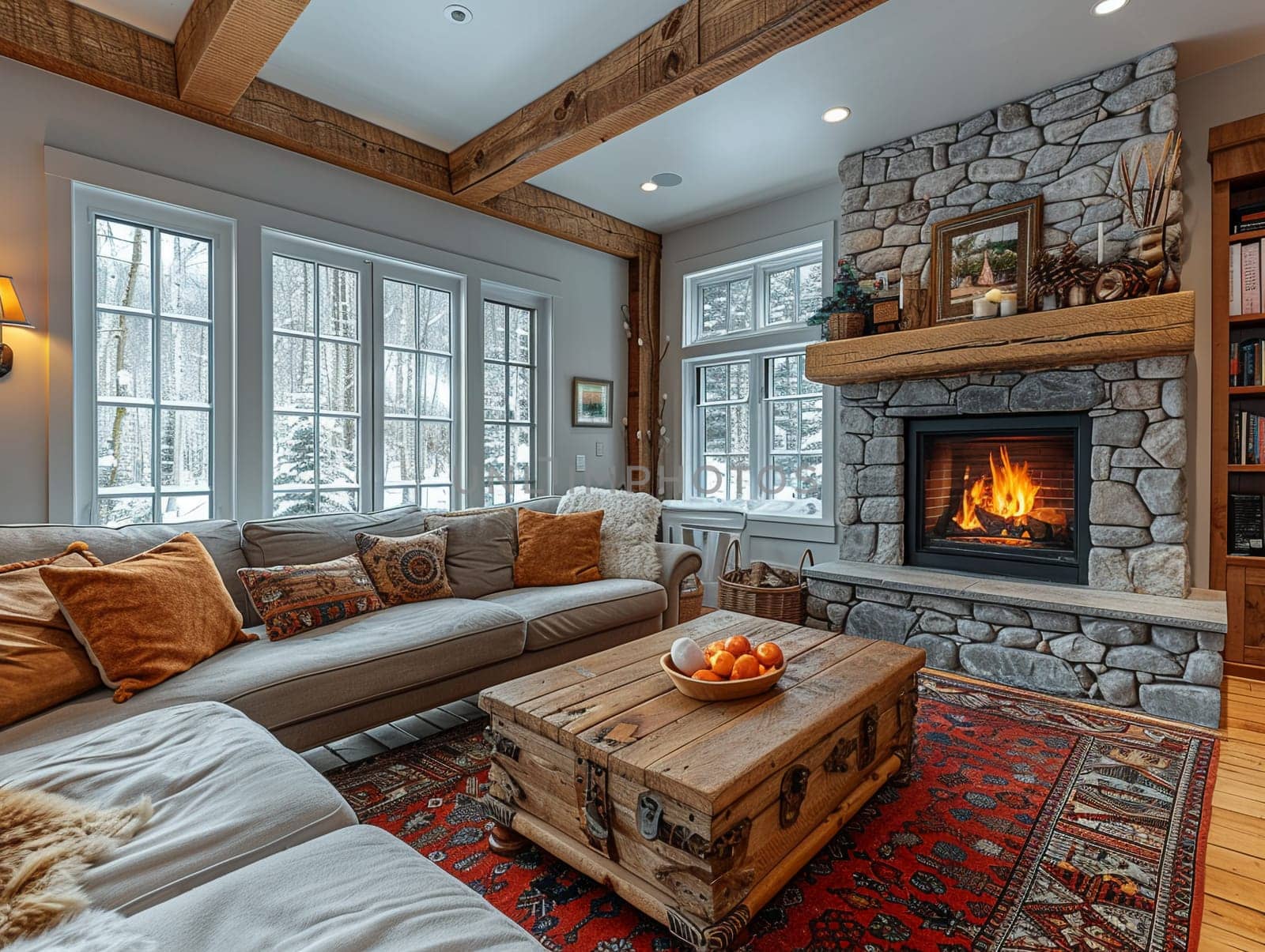 Cozy ski lodge living room with a stone fireplace and comfortable seating
