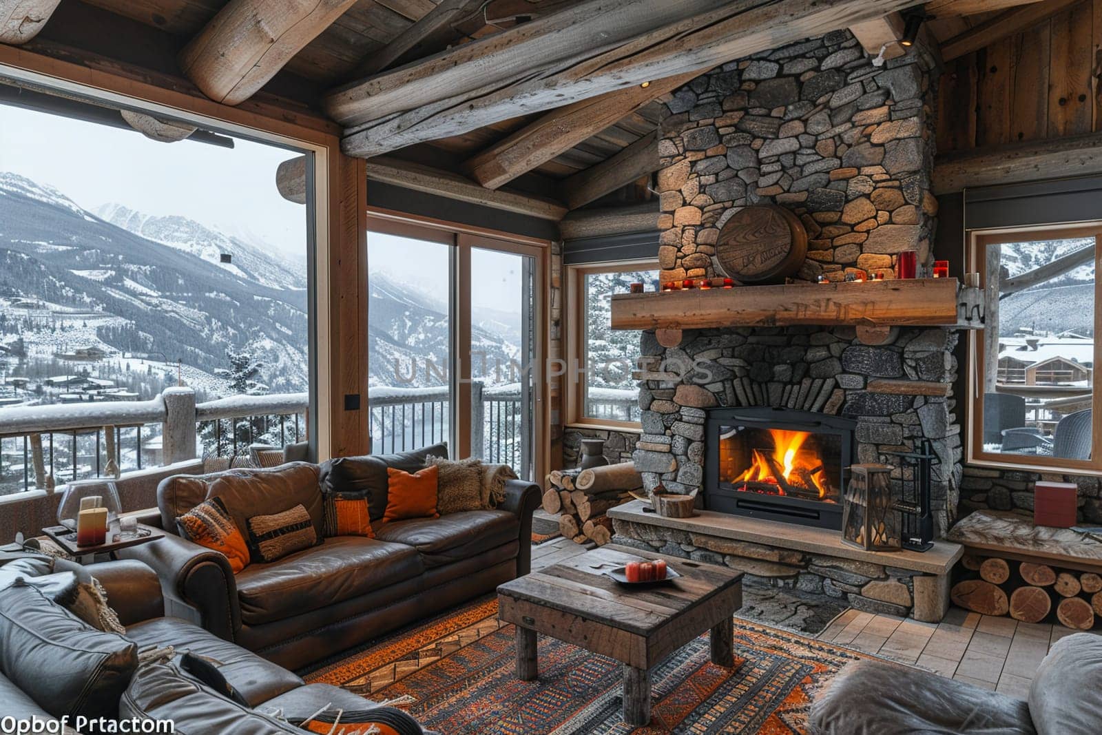 Cozy mountain cabin living room with a stone fireplace and wooden beams by Benzoix
