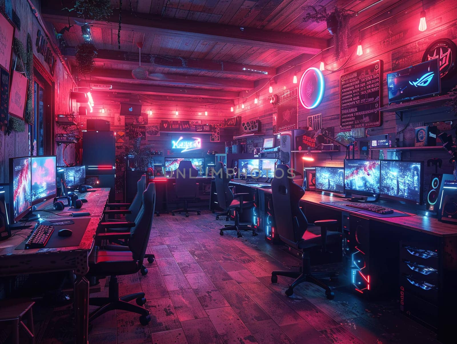 Cyberpunk gaming den with neon lights and high-tech setups