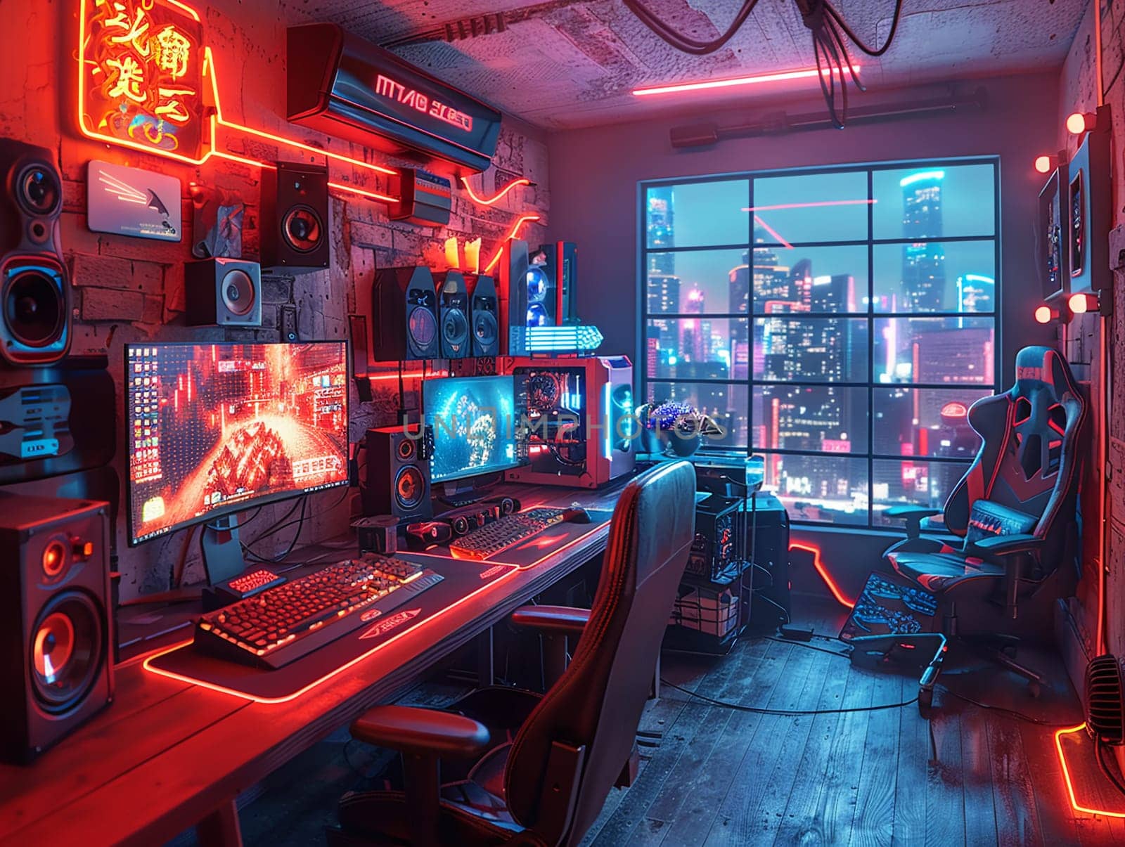 Cyberpunk gaming den with neon lights and high-tech setups