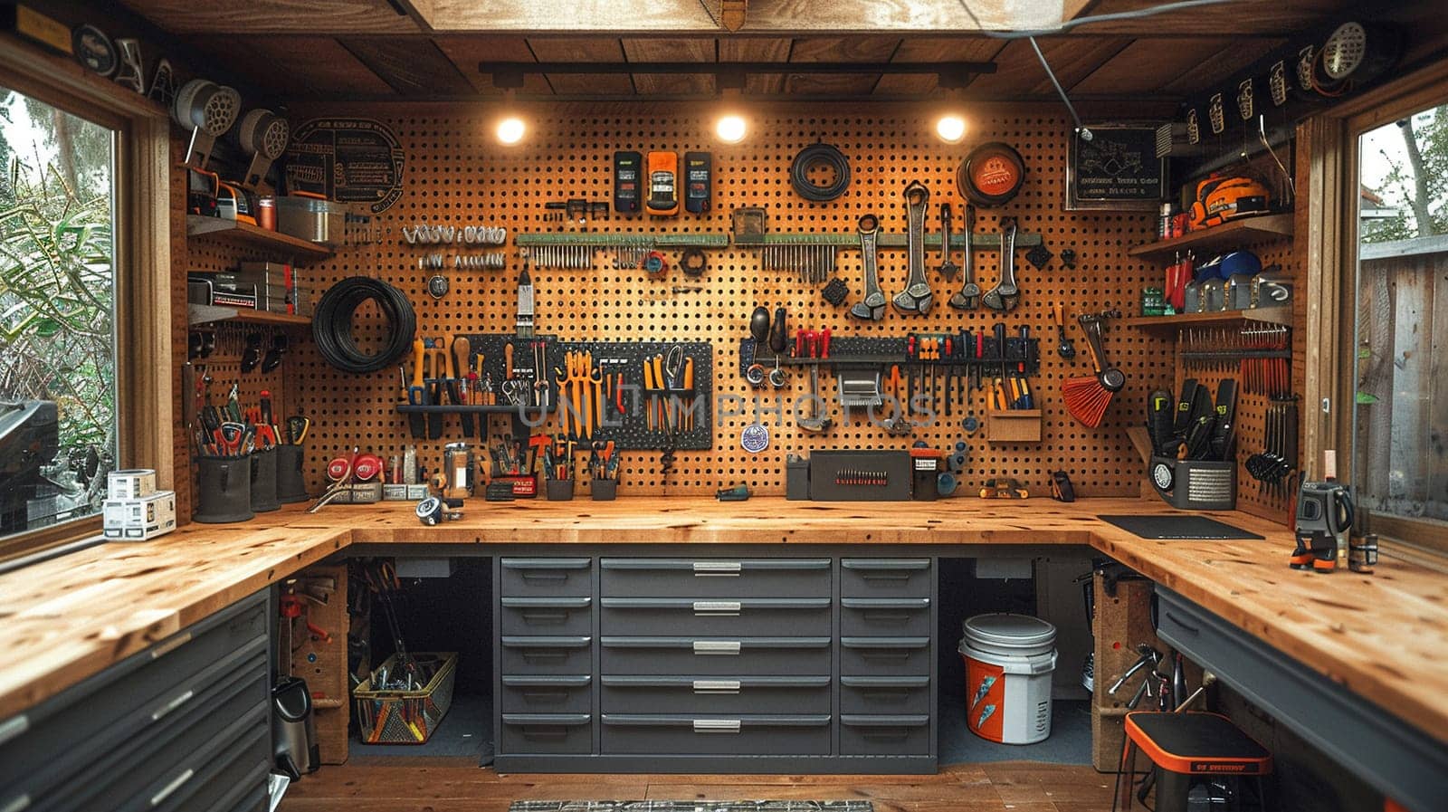DIY maker's workshop with tools organized on pegboards