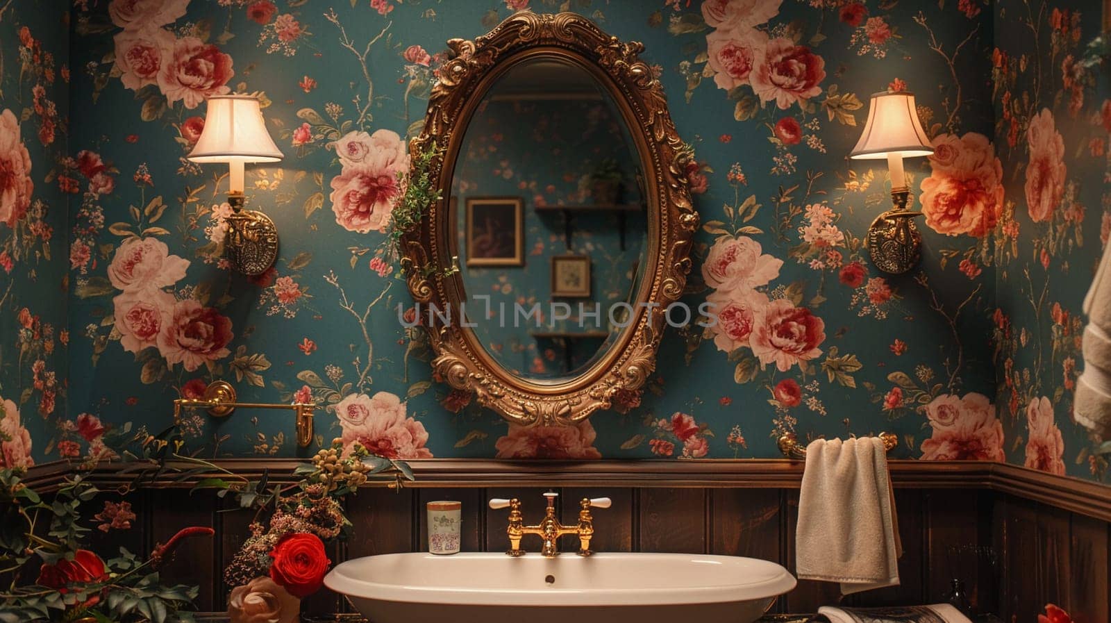 Elegant powder room with floral wallpaper and antique mirror by Benzoix