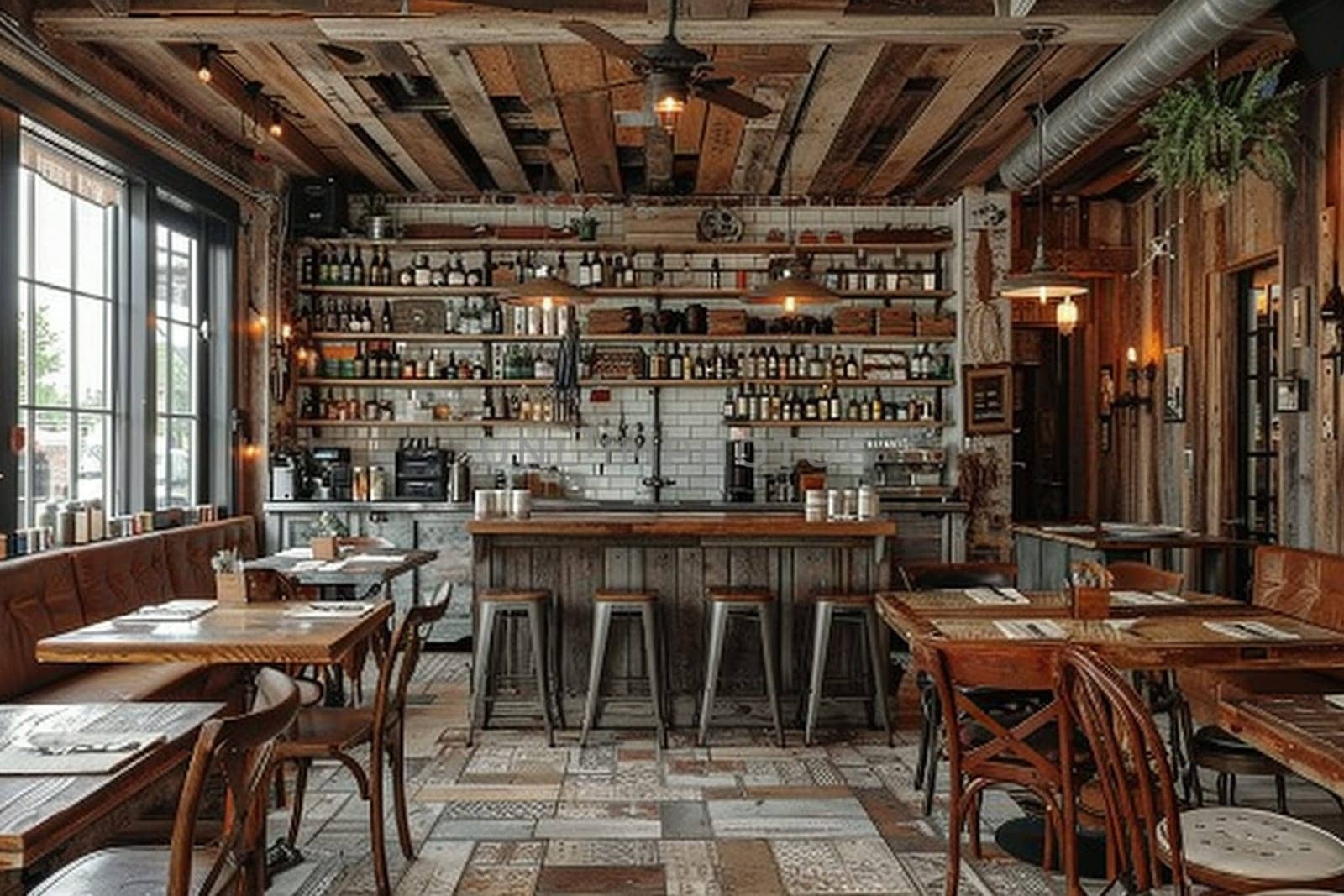 Farm-to-table restaurant interior with rustic decor and open kitchen by Benzoix