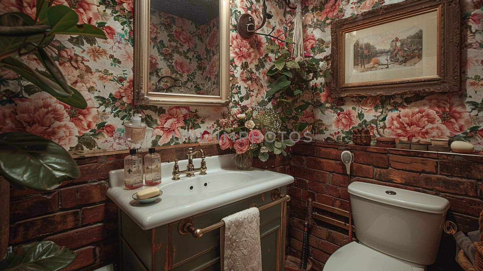 Elegant powder room with floral wallpaper and antique mirror by Benzoix