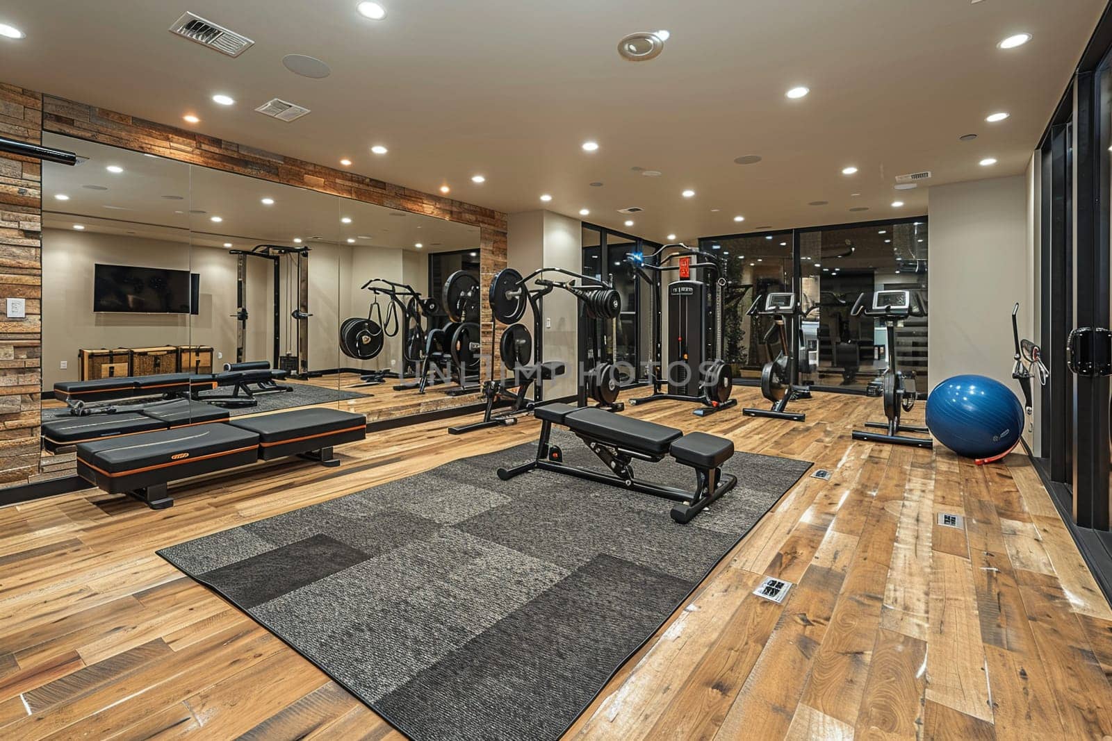 Functional and stylish home gym with mirrored walls and modern equipment by Benzoix