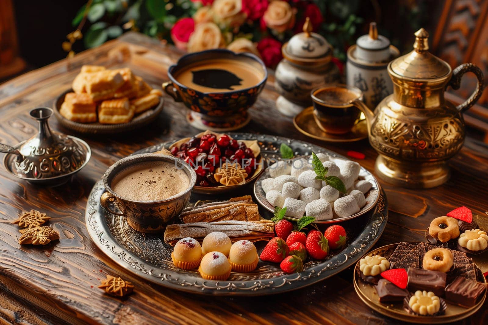 A table displays a wide array of different foods, including meats, vegetables, bread, and desserts.