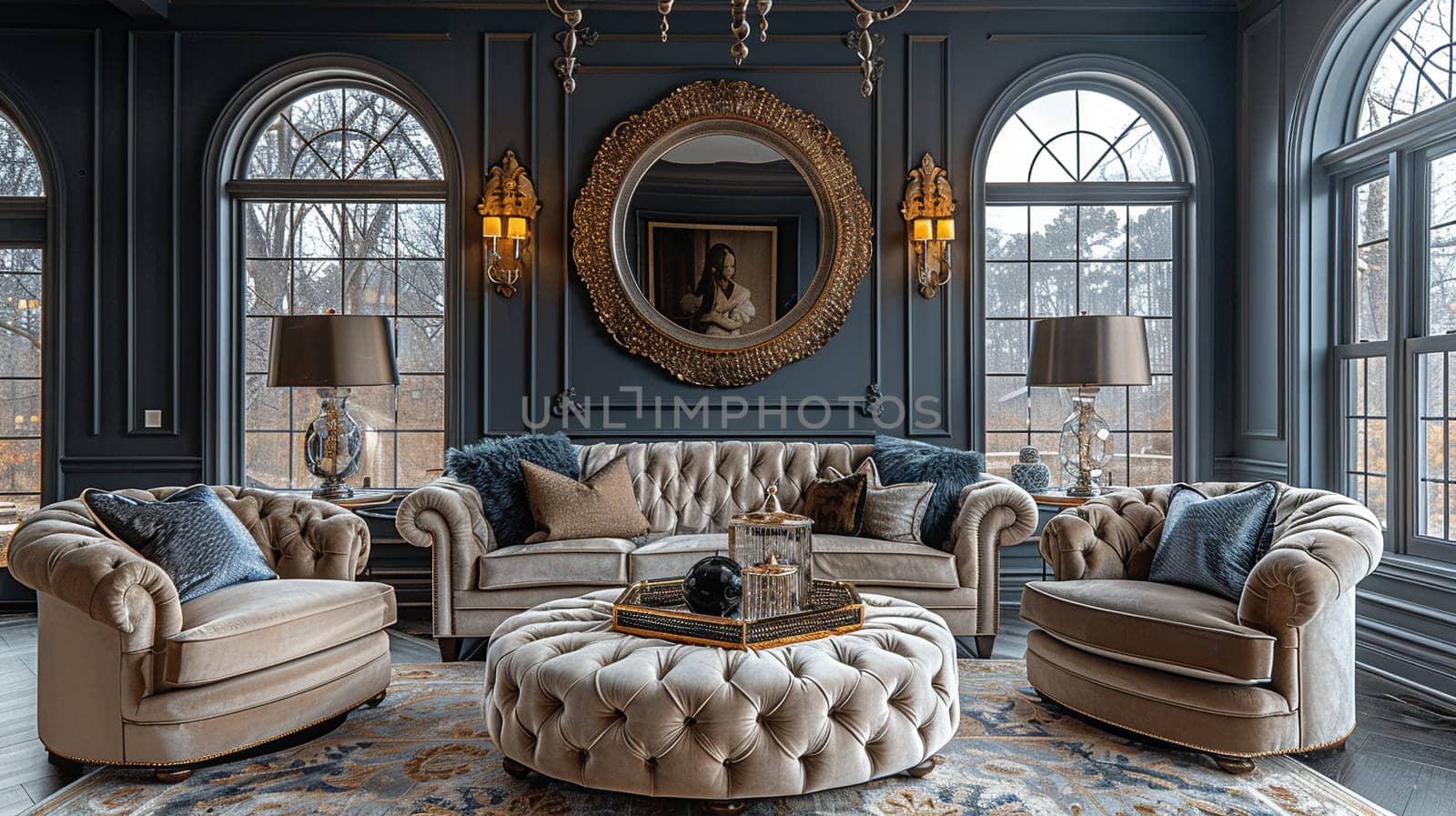 Glamorous Hollywood Regency-style living room with plush fabrics and mirrored surfaces by Benzoix