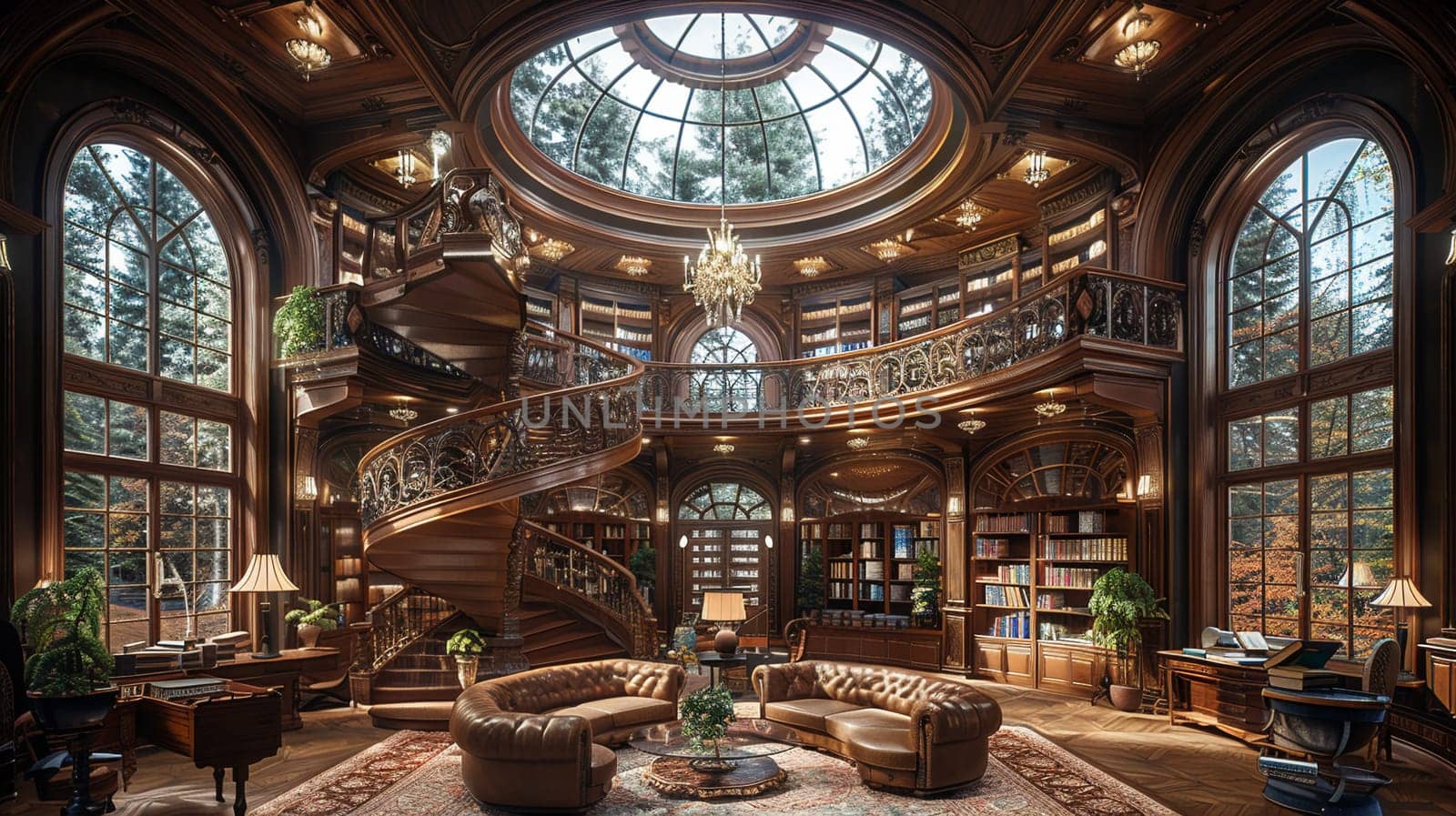 Grand library with a spiral staircase and domed ceiling