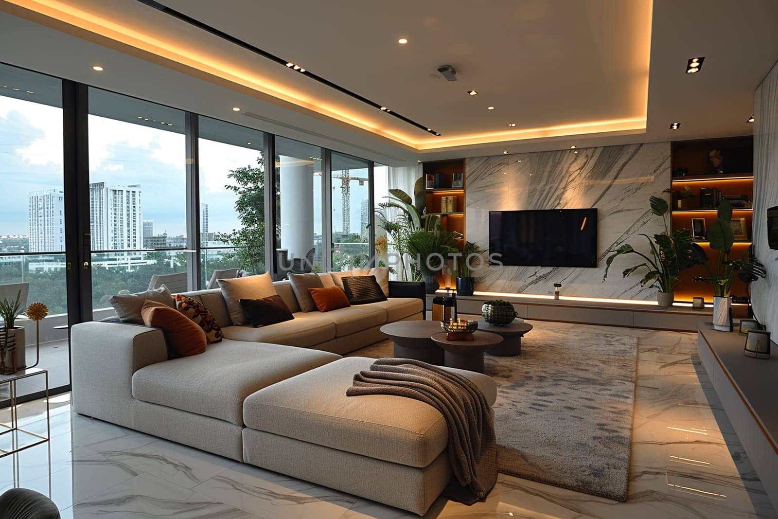 High-tech smart home living room with integrated technology and sleek furniture