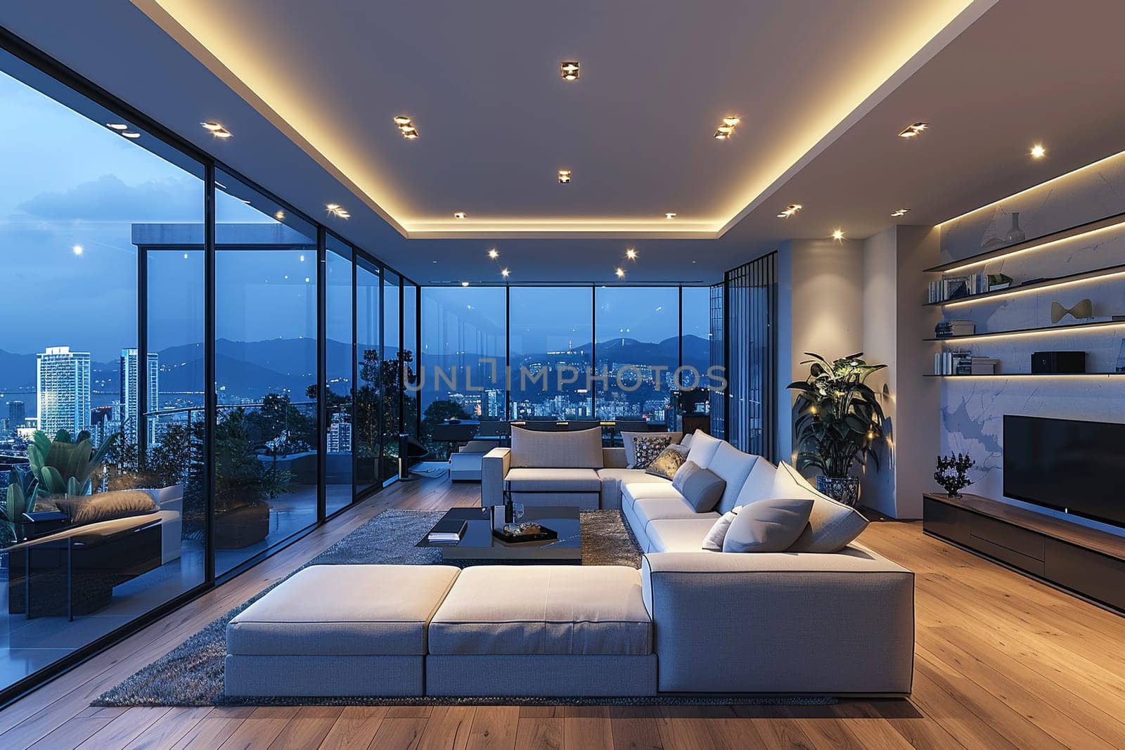 High-tech smart home living room with integrated technology and sleek furniture by Benzoix