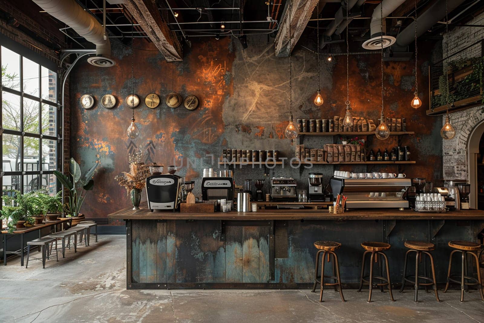 Industrial chic coffee shop with metal accents and communal seating