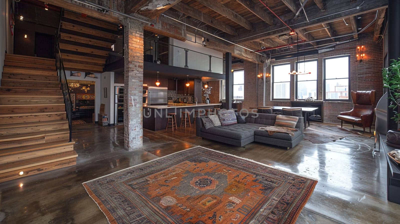 Industrial loft living space with exposed ductwork and concrete floors by Benzoix