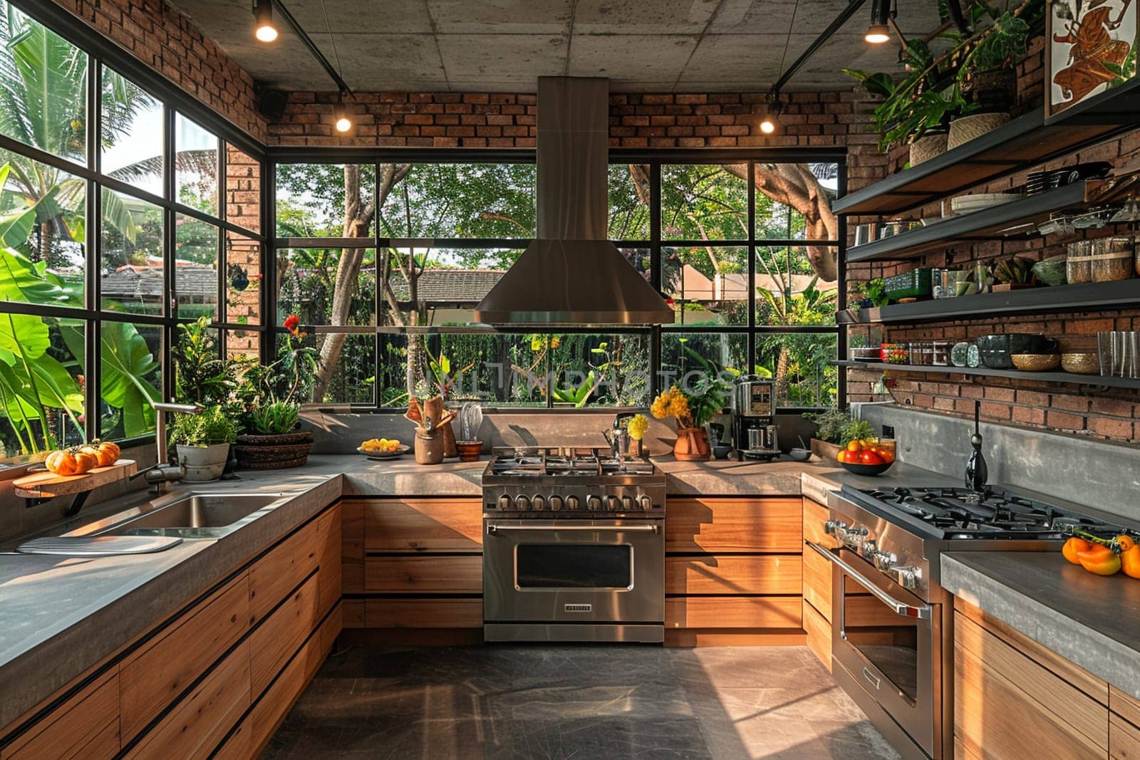 Industrial style kitchen with stainless steel countertops and open shelving by Benzoix