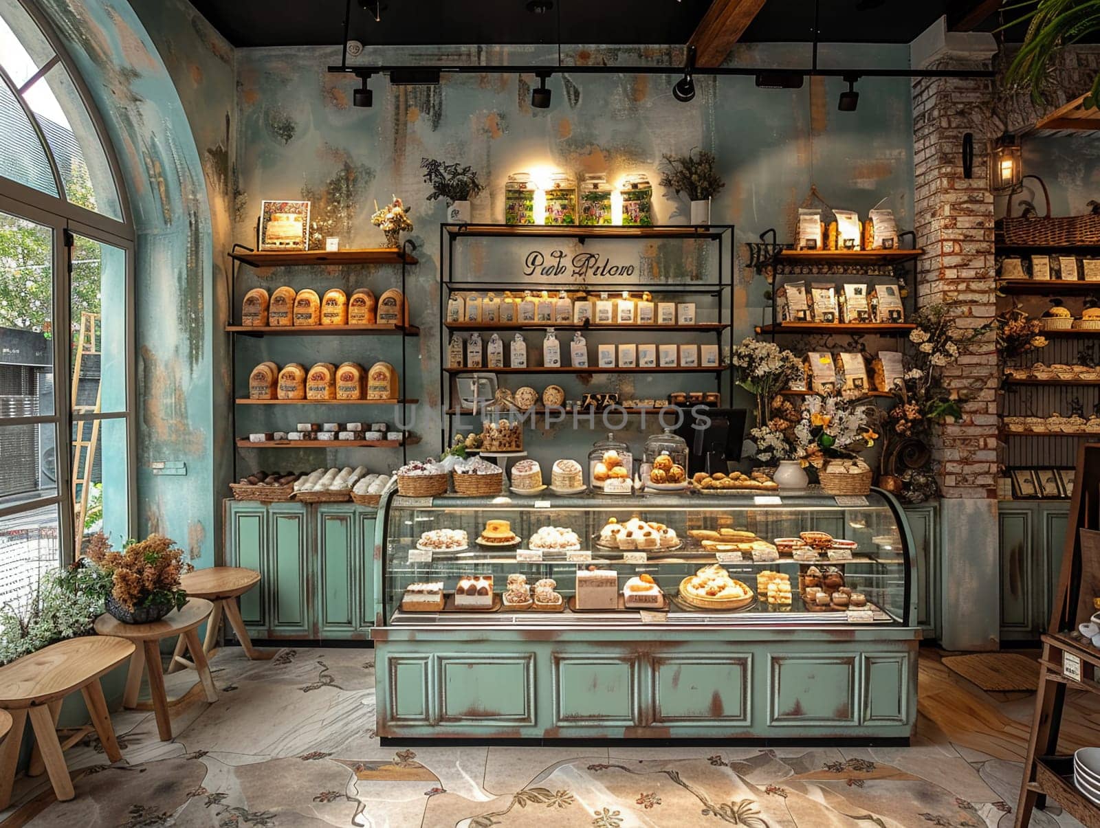 Inviting bakery with a display case full of treats and cozy seating by Benzoix
