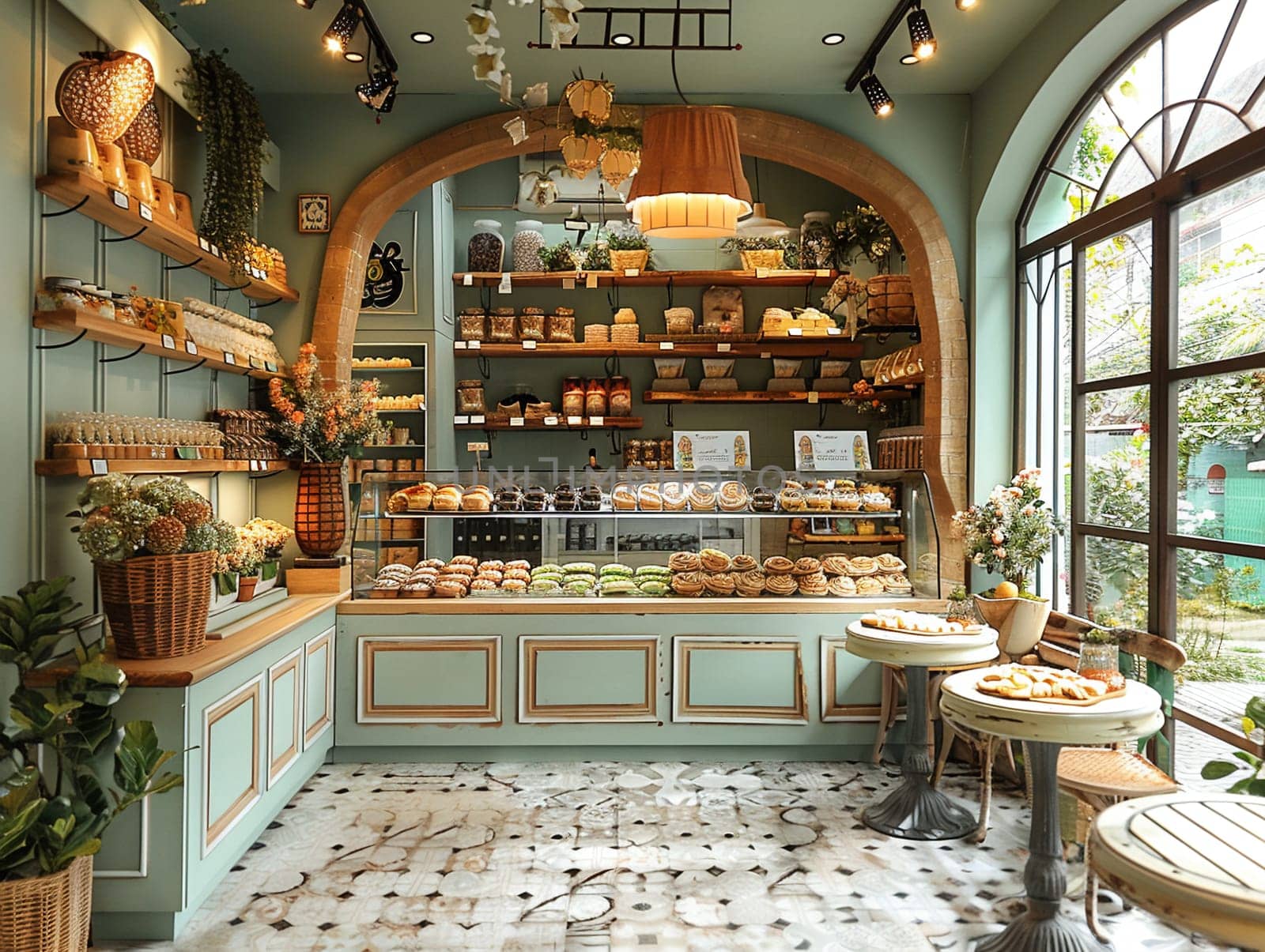 Inviting bakery with a display case full of treats and cozy seating by Benzoix