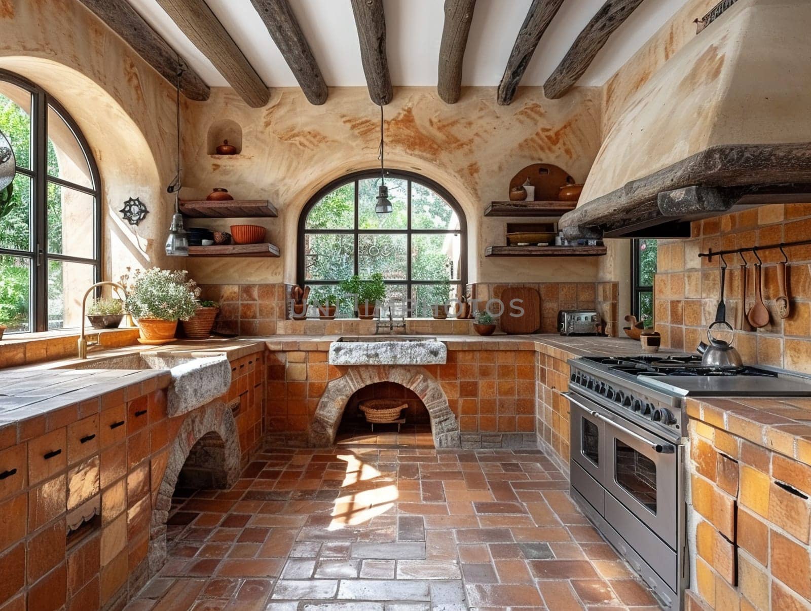 Italian villa kitchen with terracotta tiles and a rustic stone oven by Benzoix