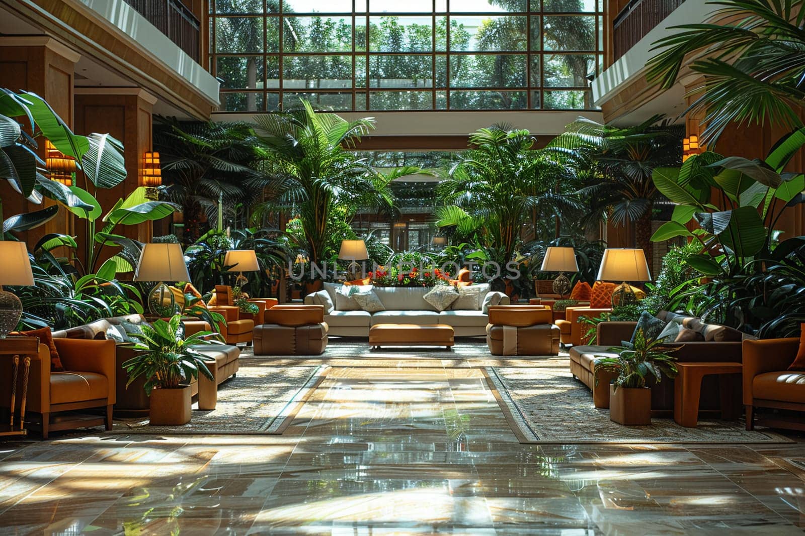 Lavish hotel lobby with marble floors lush plants by Benzoix