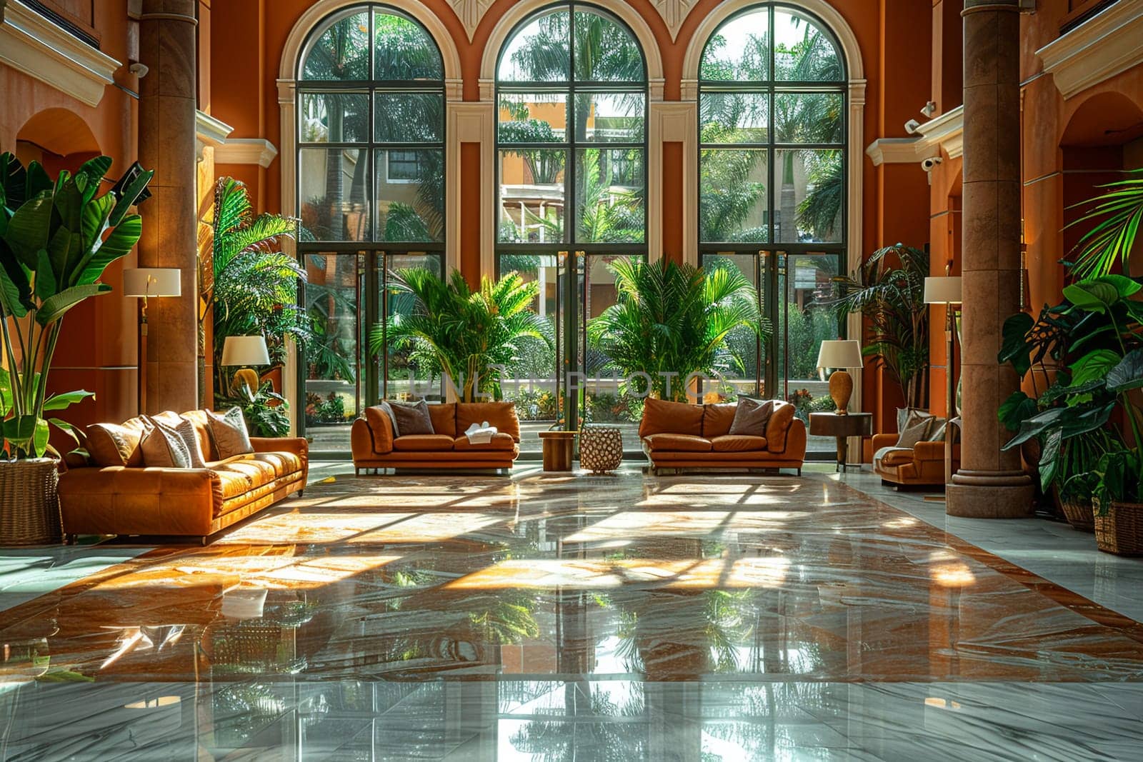 Lavish hotel lobby with marble floors, lush plants, and comfortable seating areas