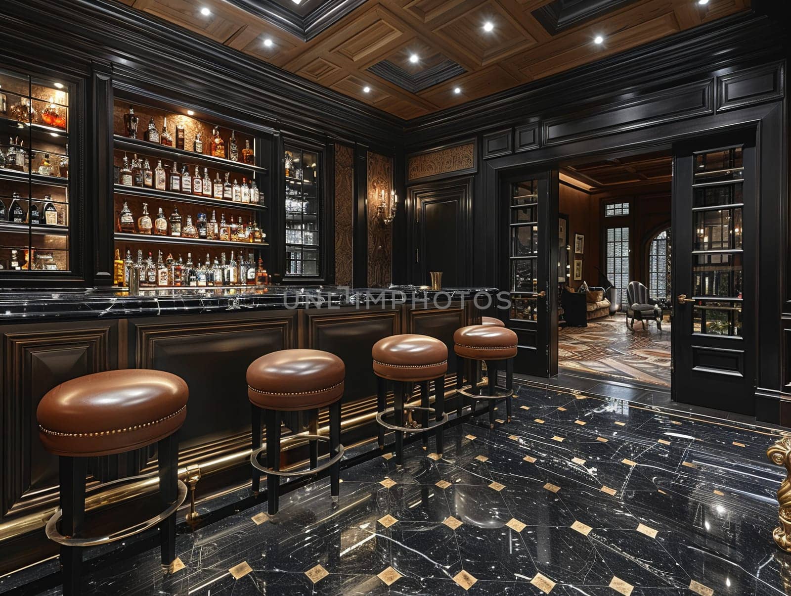 Luxe home bar with dark wood paneling and leather bar stools by Benzoix