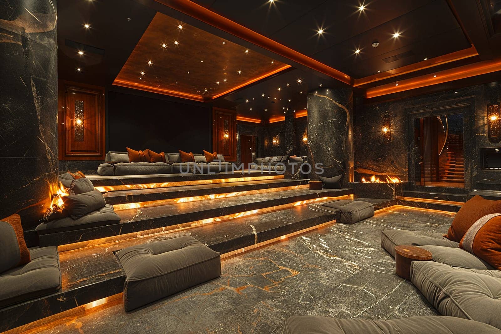 Luxurious home theater with plush seating and state-of-the-art sound system by Benzoix