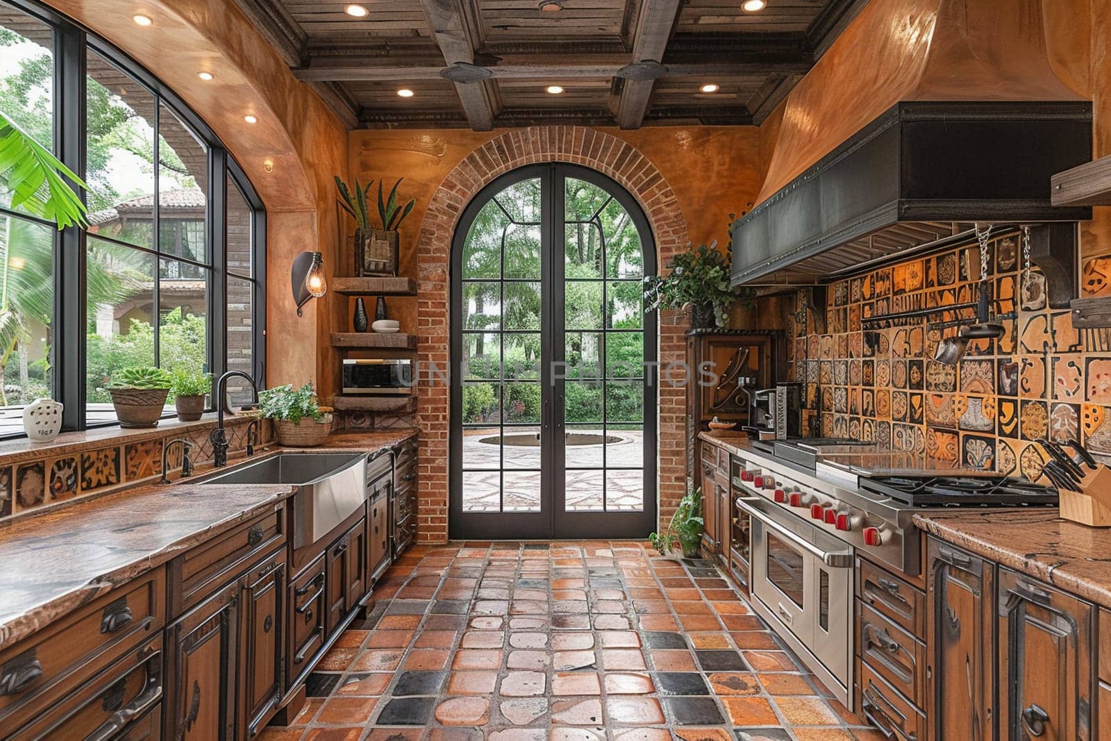 Mediterranean-style kitchen with terracotta tiles and iron accents