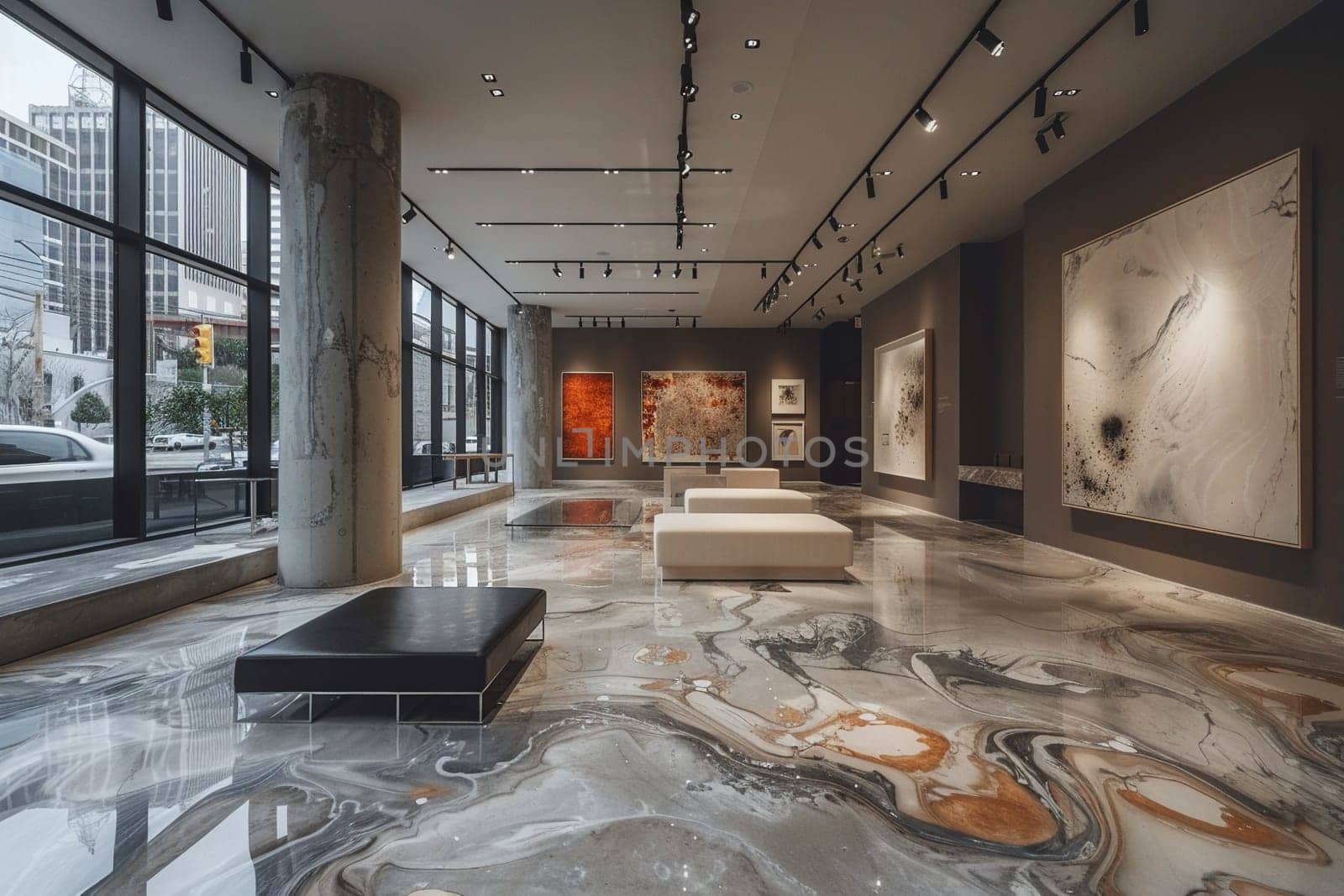 Minimalist gallery space with abstract art and polished concrete floors by Benzoix