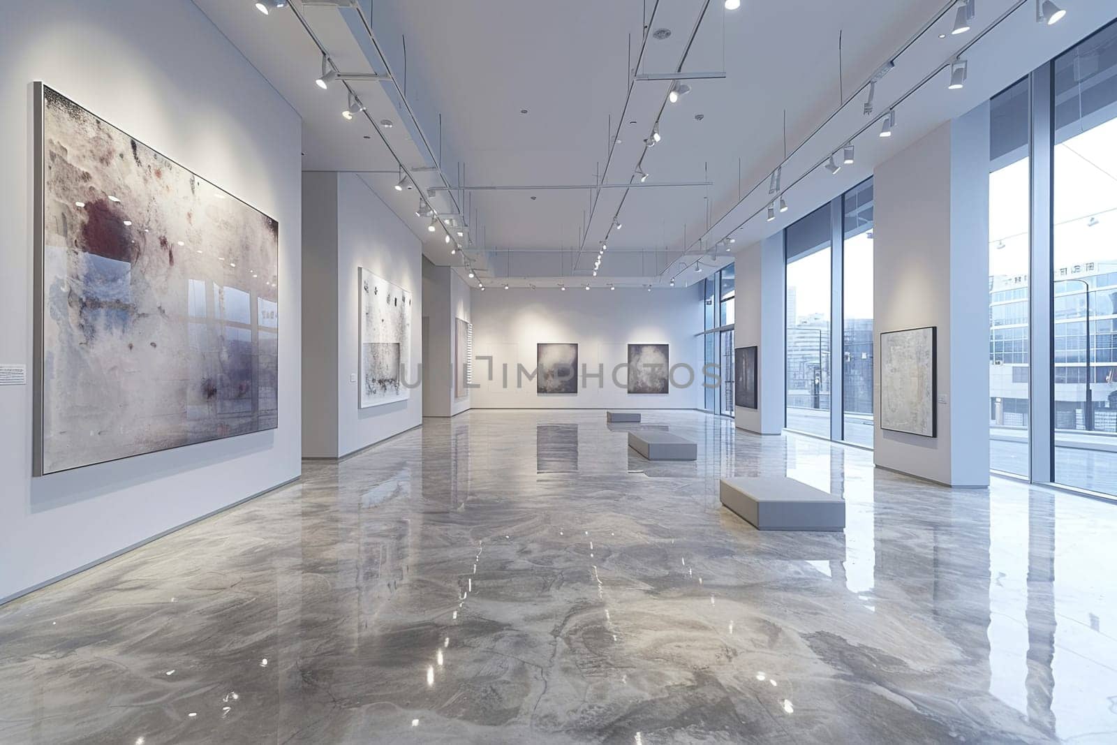Minimalist gallery space with abstract art and polished concrete floors by Benzoix