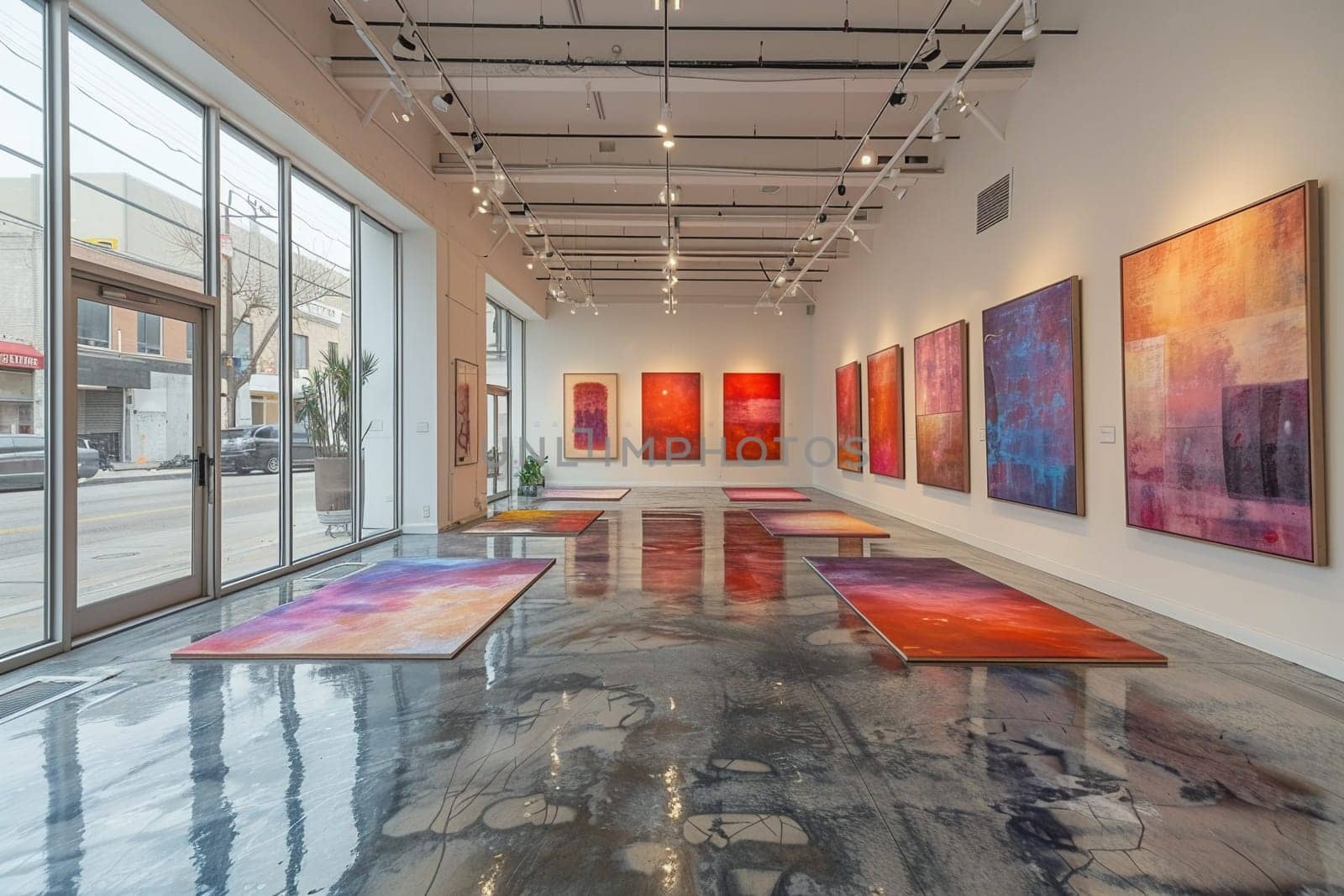 Minimalist gallery space with abstract art and polished concrete floors by Benzoix