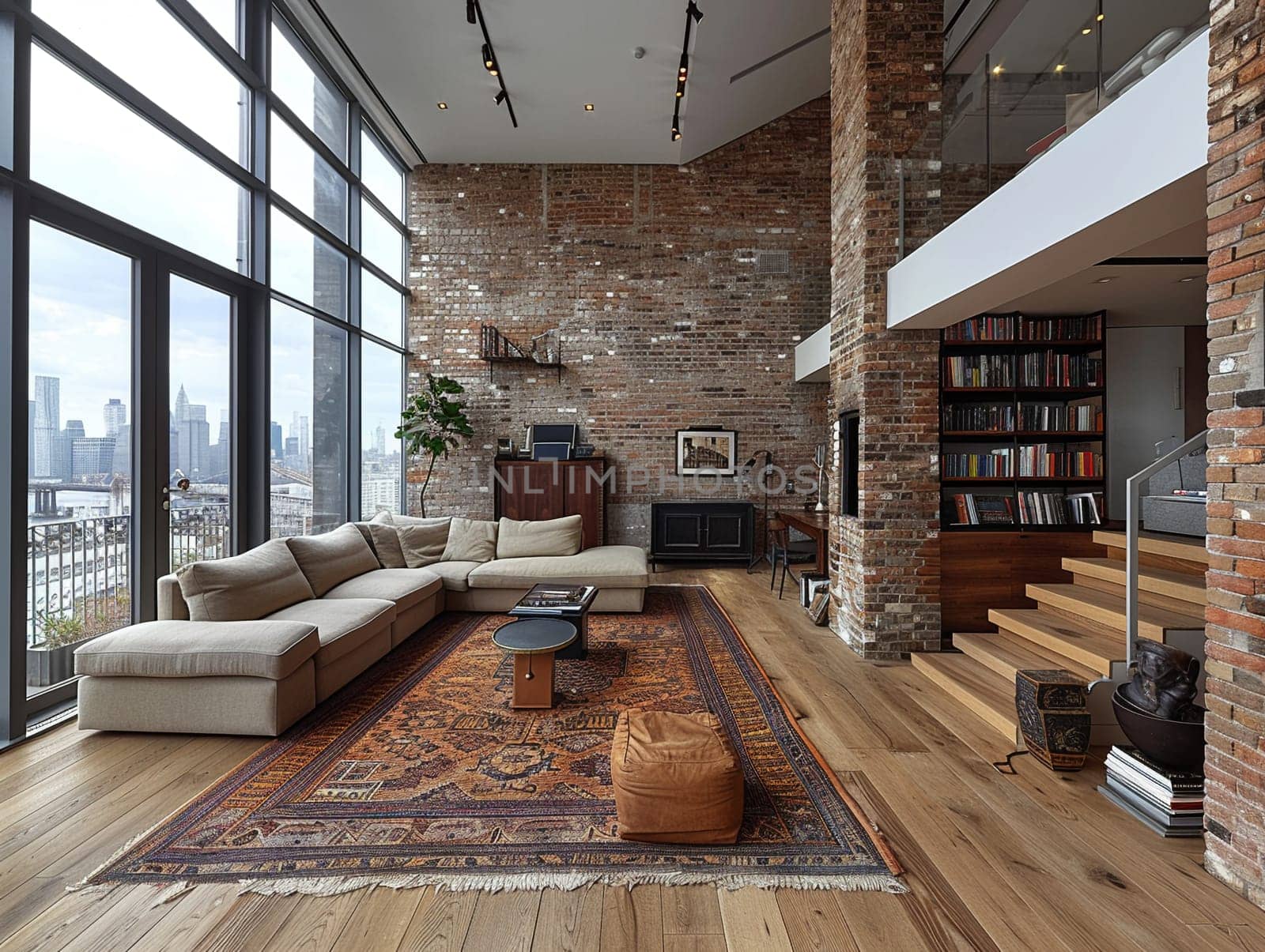 Minimalist urban loft with exposed brick and large, floor-to-ceiling windows