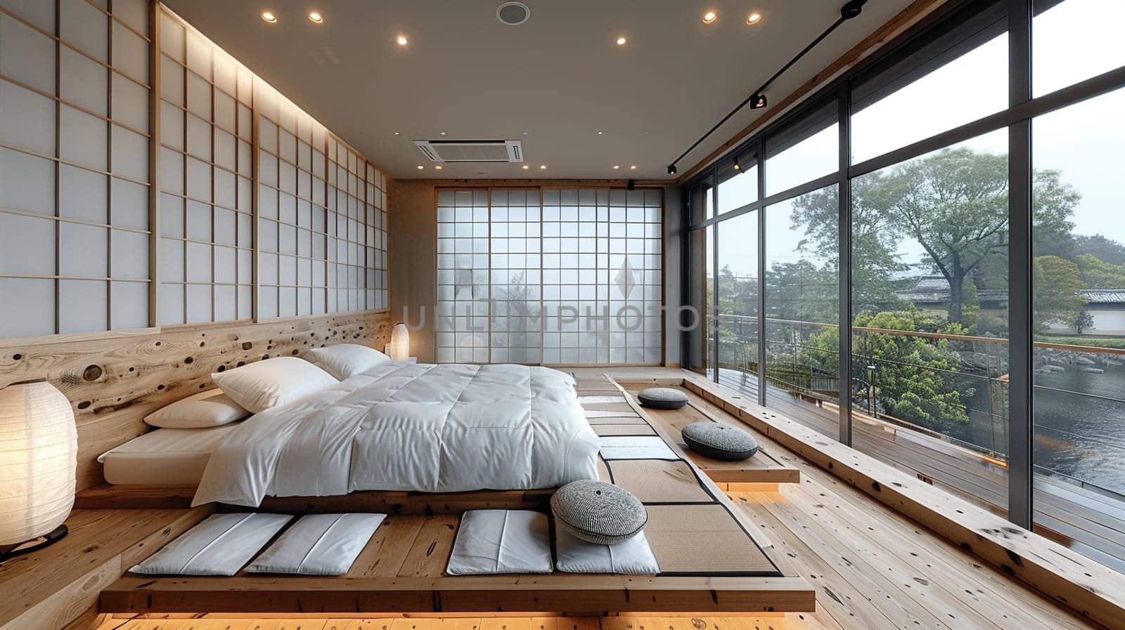 Minimalist Japanese-inspired bedroom with sliding shoji screens by Benzoix
