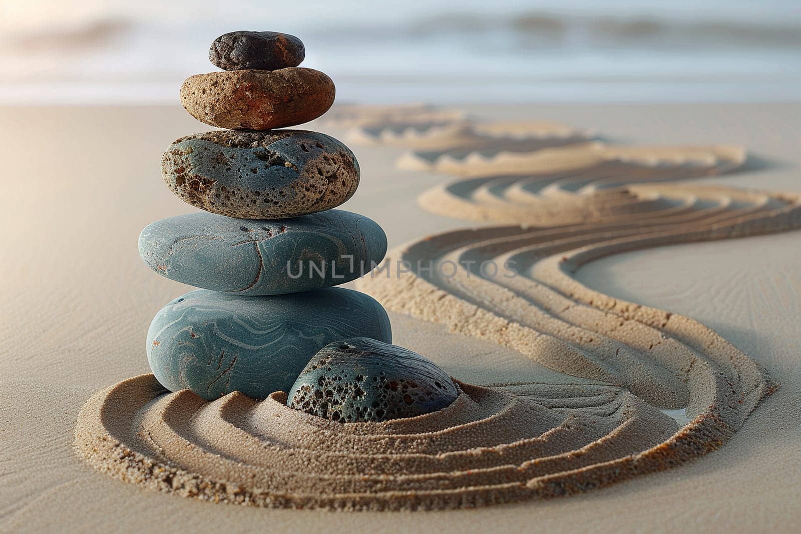 Minimalist Zen garden with raked sand and simple, natural elements