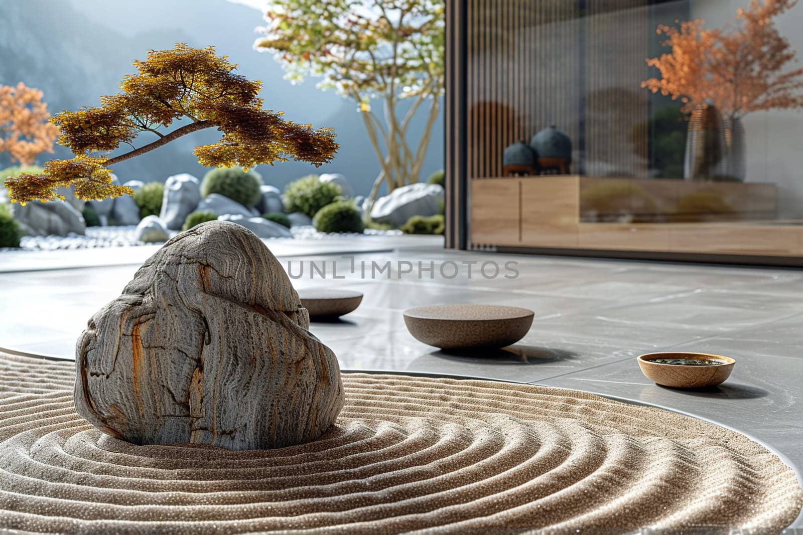 Minimalist Zen garden with raked sand and simple by Benzoix