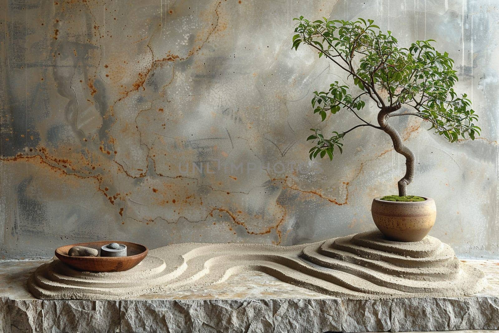 Minimalist Zen garden with raked sand and simple by Benzoix
