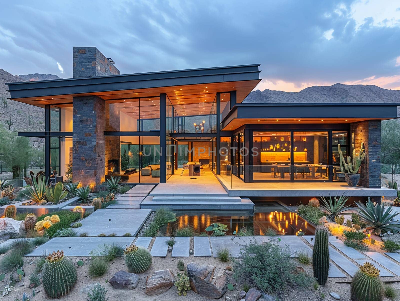 Modern desert home with large windows and cactus gardens by Benzoix