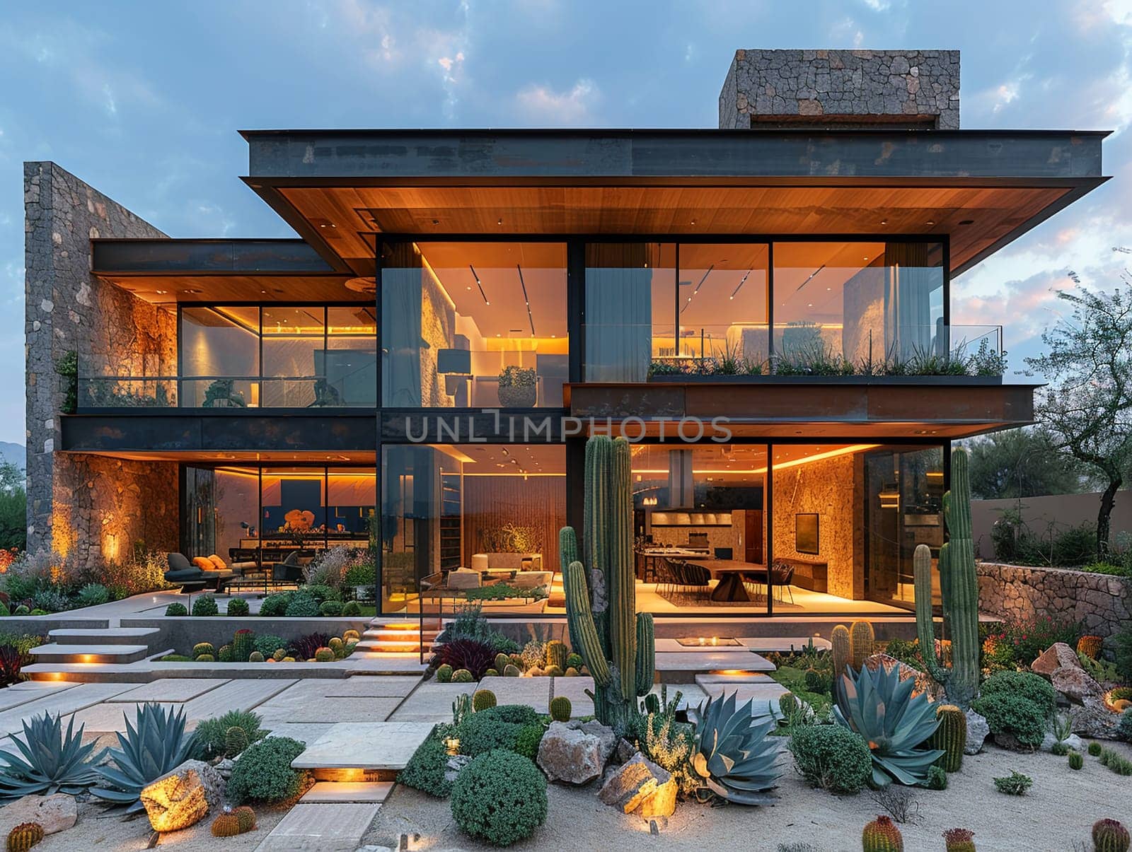 Modern desert home with large windows and cactus gardens