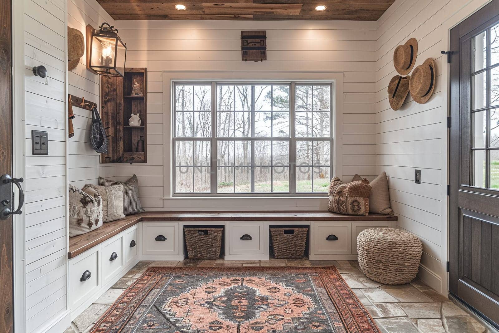 Modern farmhouse mudroom with storage benches and shiplap walls by Benzoix